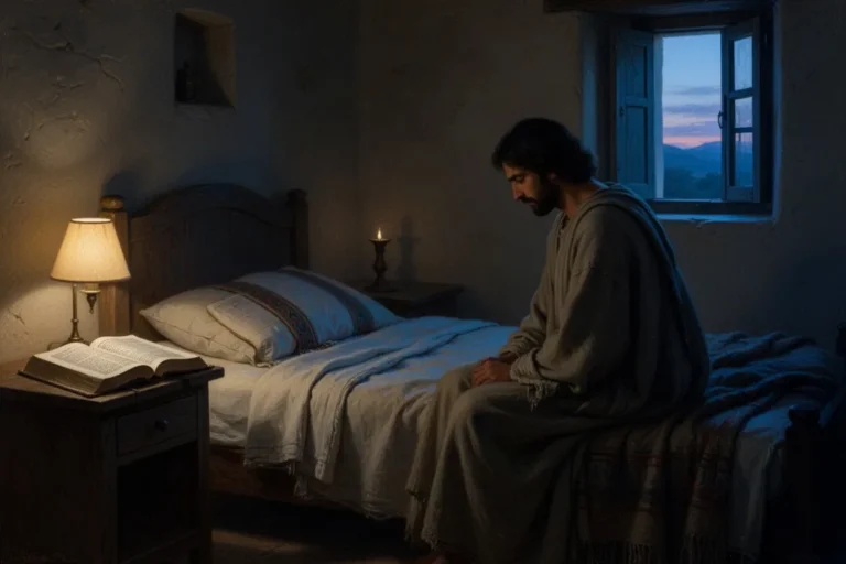 Offene Bibel neben einer Lampe in einem dunklen Schlafzimmer