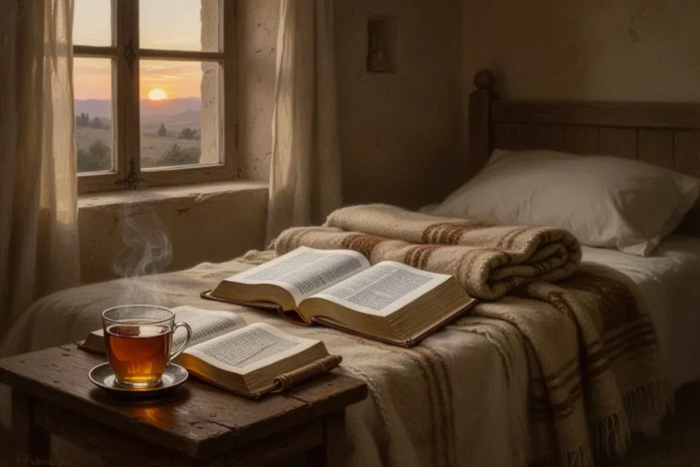 Offene Bibel neben Tee in einem ruhigen Schlafzimmer am Morgen