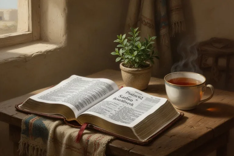 Offene Bibel zu Psalm 92 neben Tee und grüner Pflanze am Ruhemorgen