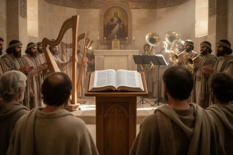 Offene Bibel und Musikinstrumente bei einem gemeinschaftlichen Gottesdienst