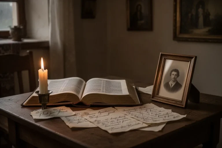 Offene Bibel und Kerze neben Erinnerungsnotizen in einem stillen Raum