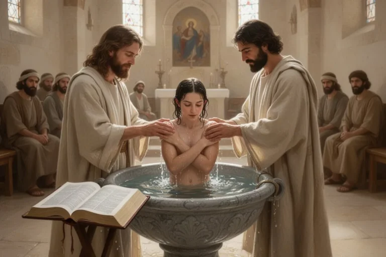 Offene Bibel neben Taufbecken bei einer feierlichen Taufe