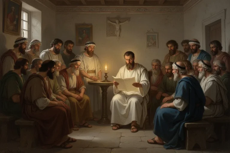Frühchristliche Hausgemeinde in Rom hört den Römerbrief im Kerzenlicht