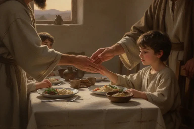 Familie spricht vor dem Essen einen kurzen Segen am Tisch