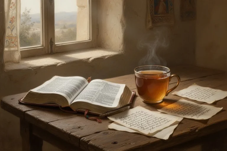 Geöffnete Bibel neben Tee bei ruhigem Morgenlicht auf einem Holztisch