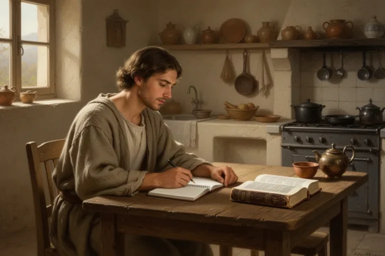 Person prüft betend eine wichtige Entscheidung mit Bibel und Notizbuch