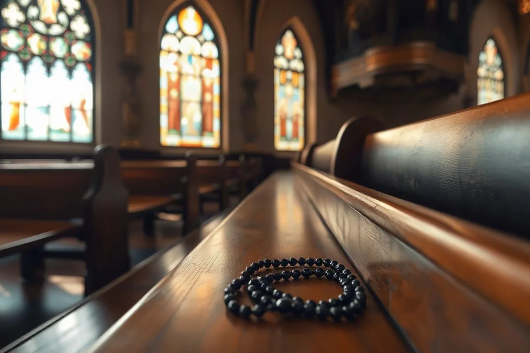 Rosary beads resting on a wooden pew inside a sunlit church