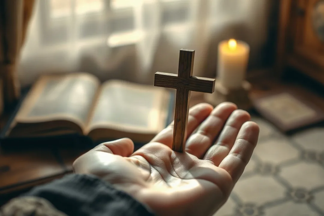 Hand holding a small wooden cross in soft light