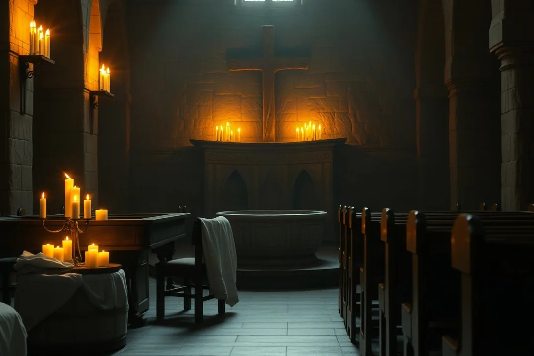Candlelit church sanctuary with baptismal font prepared for adult baptism