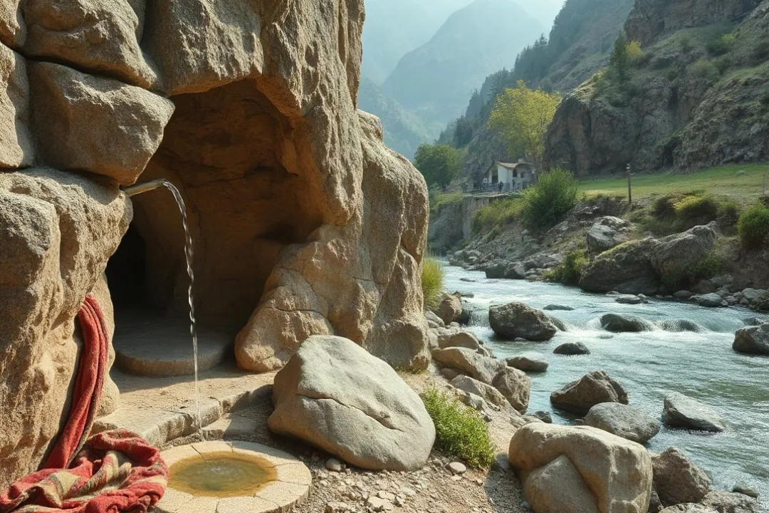 Rocky grotto with a natural spring in a quiet valley