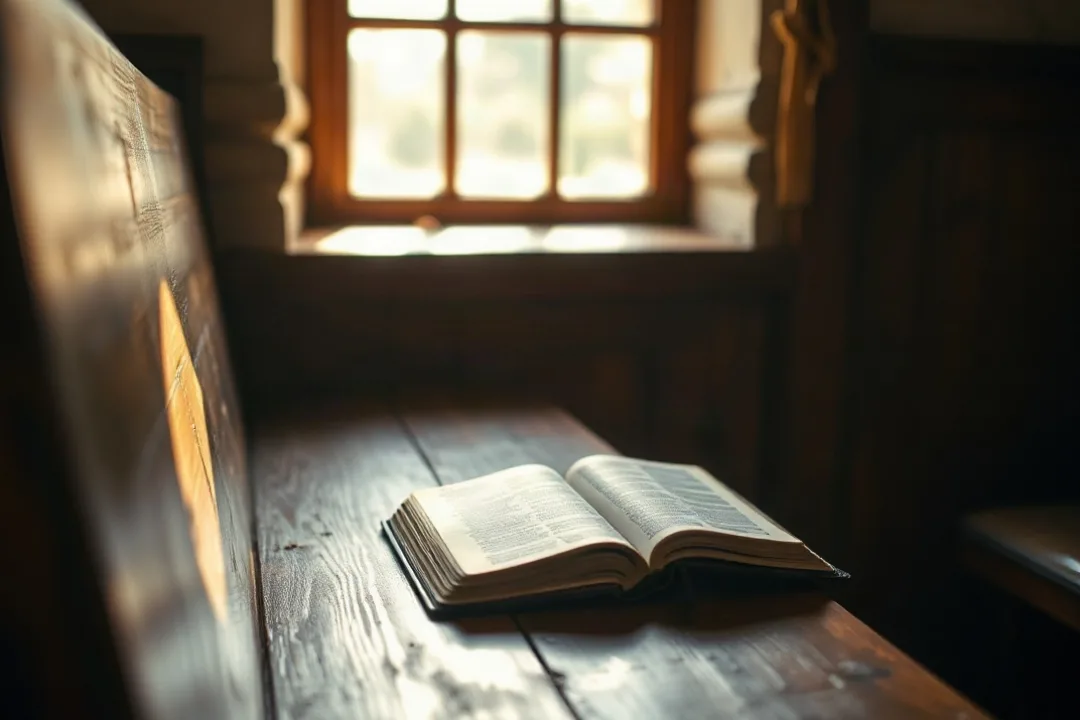Open Bible on a wooden pew lit by soft window light