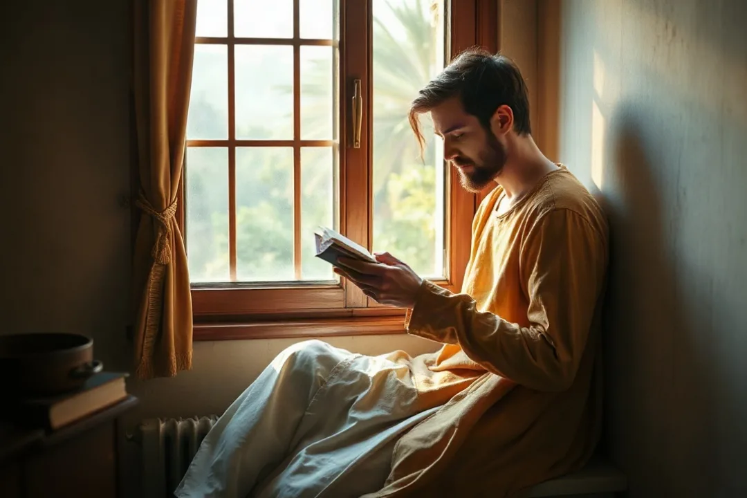Person reflecting quietly while reading near a sunlit window
