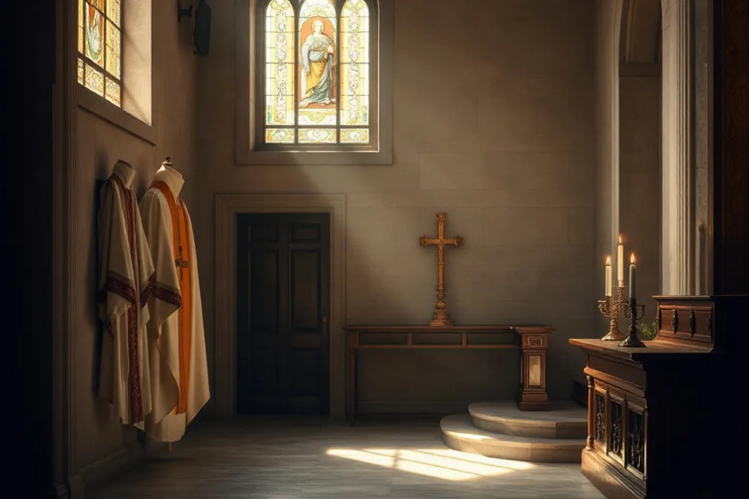 Church interior showing liturgical vestments and candles for feast days