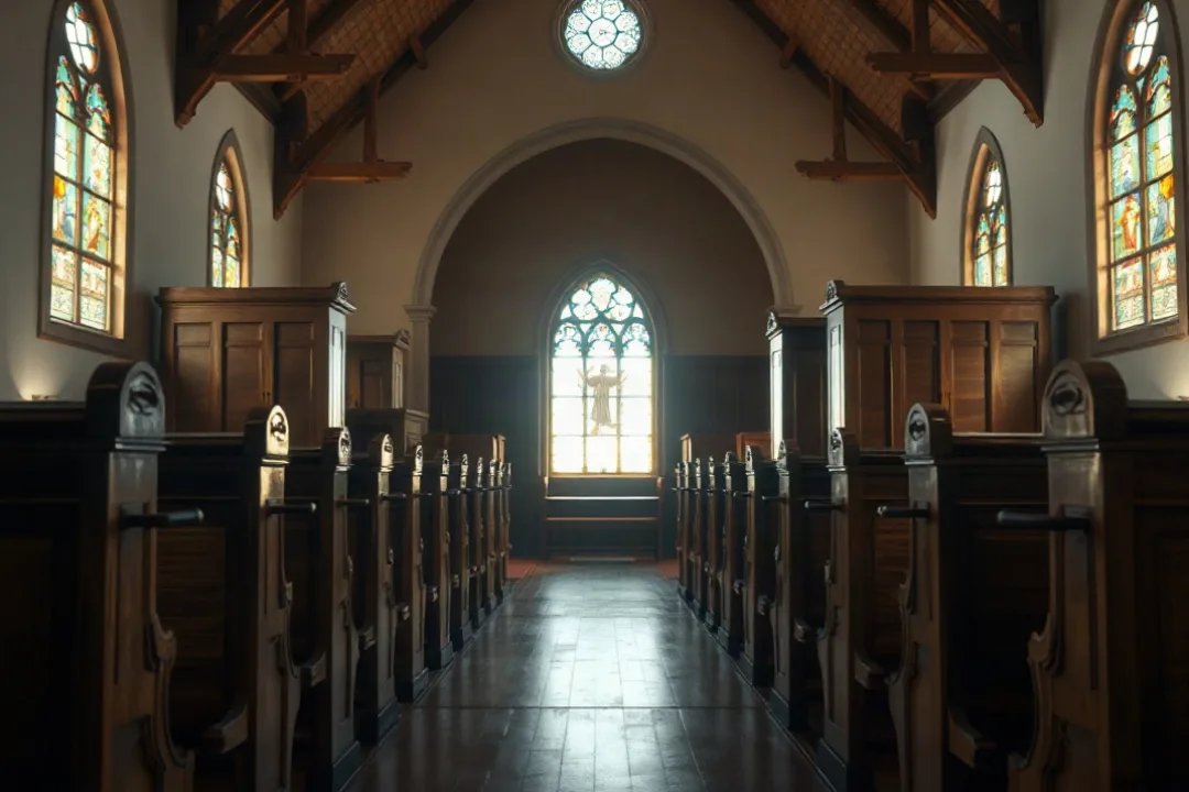 Wooden confessional booths inside a quiet Catholic church
