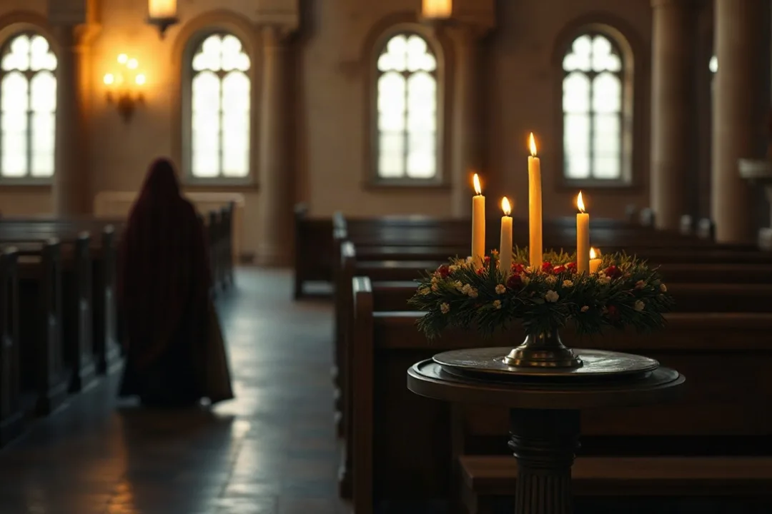 Advent wreath with lit candles inside a quiet church