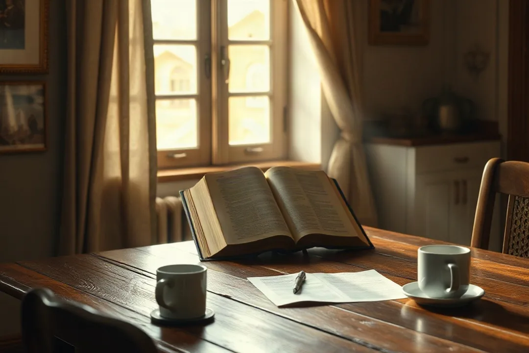 Person reading Bible and bulletin at table before Sunday Mass
