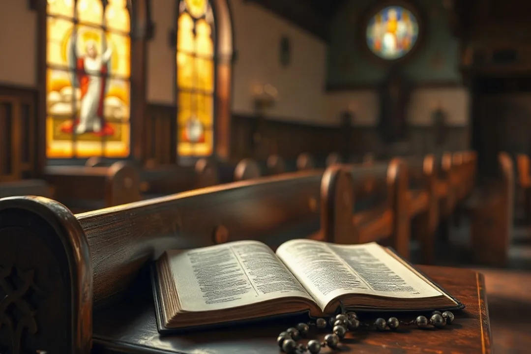 Open Bible and rosary resting on a church pew