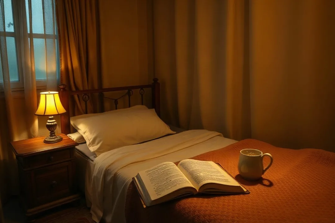 Softly lit bedroom nightstand set up for evening prayer time