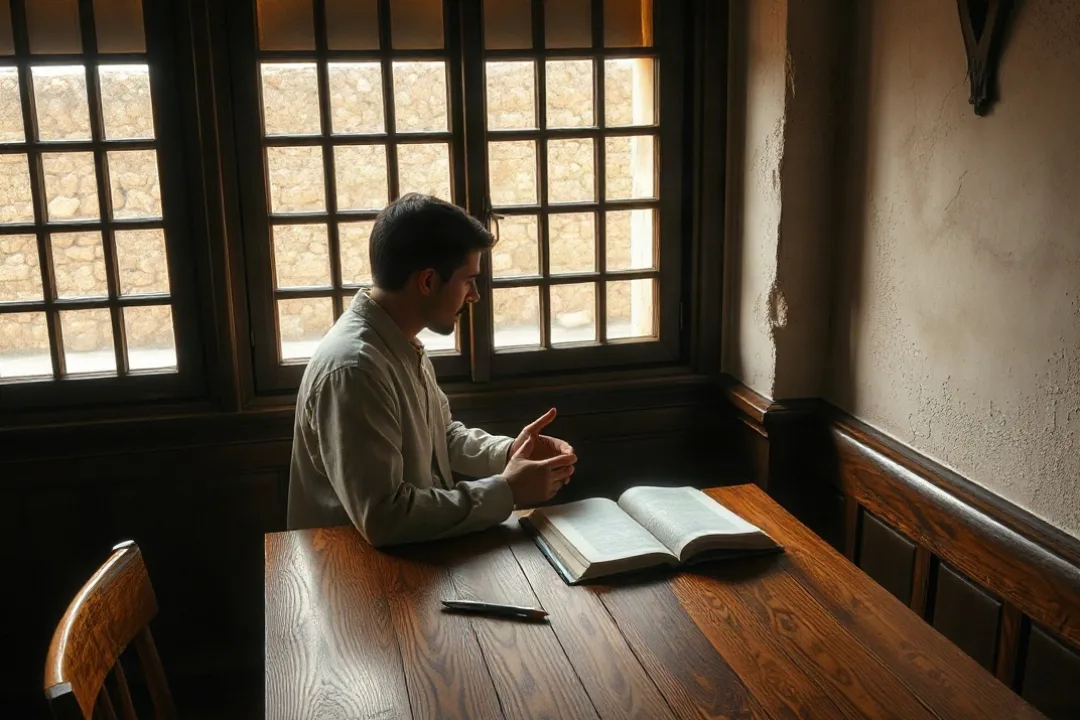 Person reflecting quietly while writing in a notebook at home