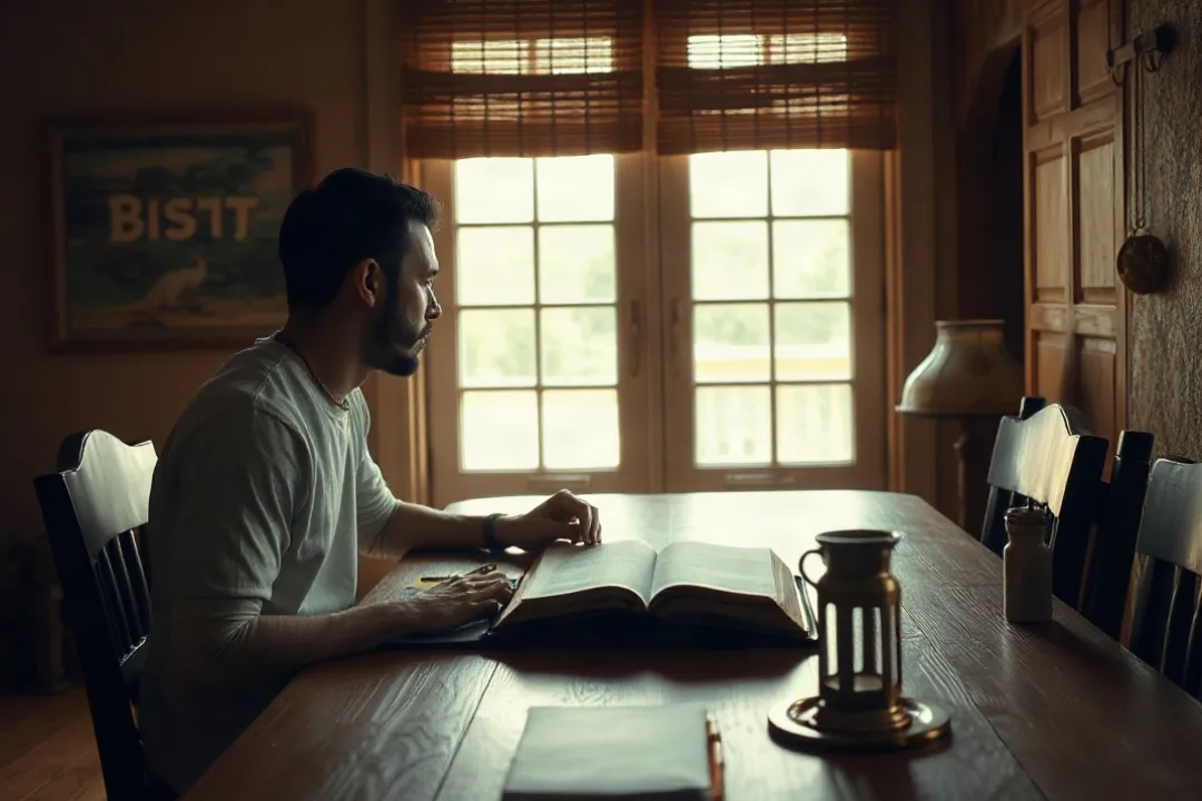 Open Bible and notebook on a table during morning prayer time