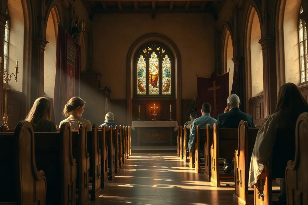 Quiet church interior during a weekday morning Mass