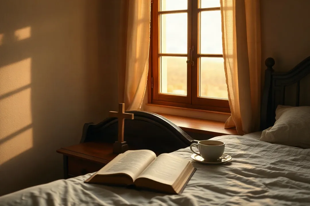 Morning light falling on a nightstand with a cross and prayer book