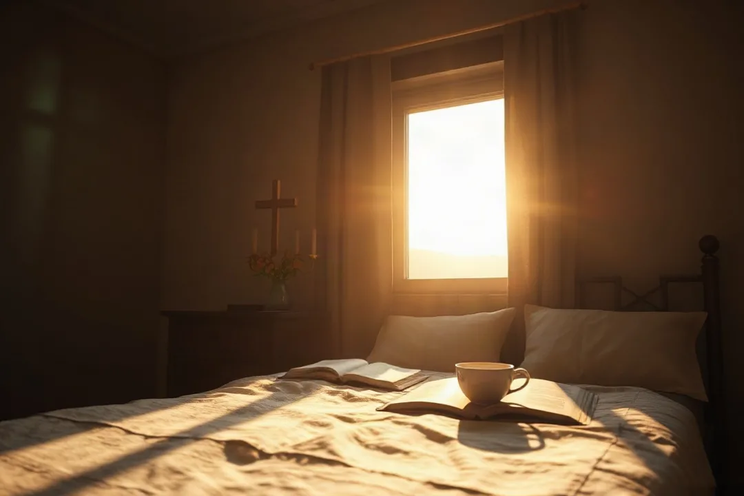 Morning light falling on a nightstand with a cross and prayer book