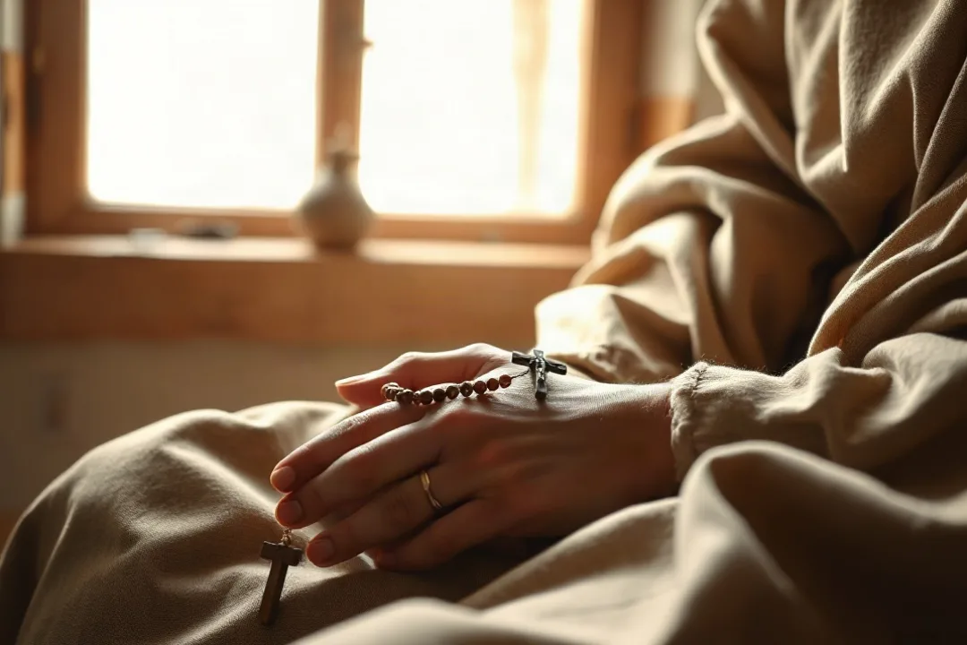 Hands holding a wooden rosary during quiet prayer time