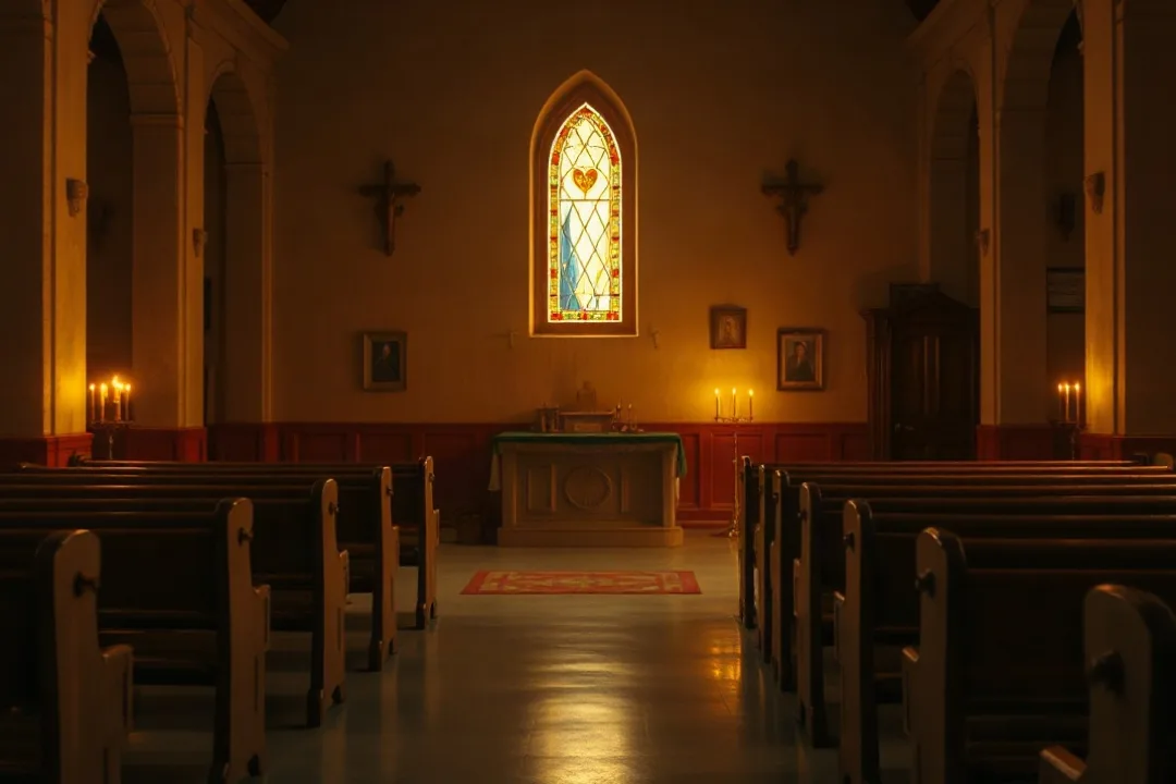 Candlelit church altar with soft light during evening prayer
