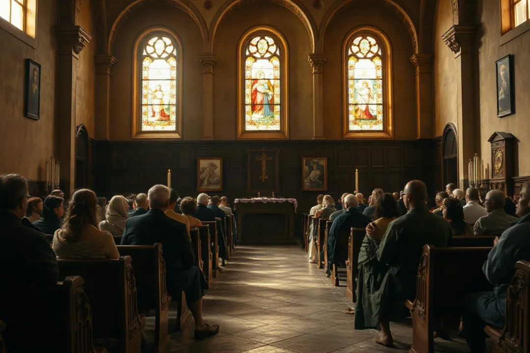 Catholics attending weekday Mass inside a sunlit church