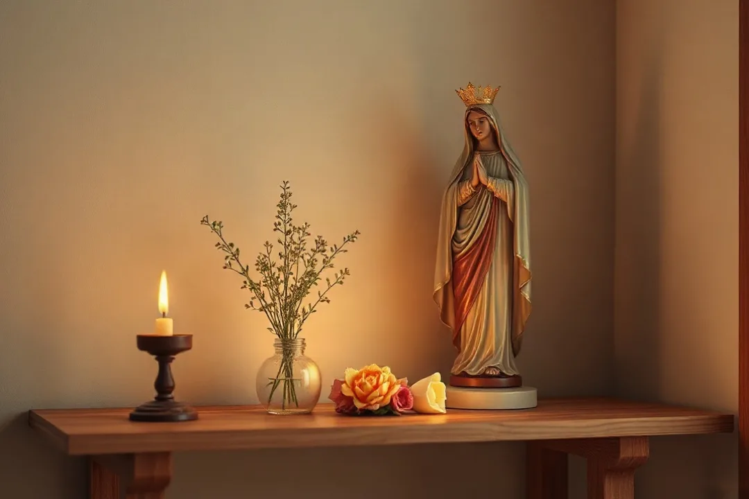 Home altar with Mary statue, flowers, and candle in May