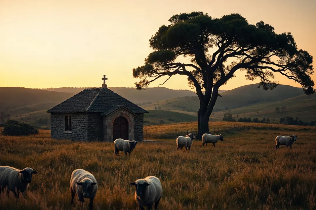 Rural Portuguese countryside at dusk near a small chapel