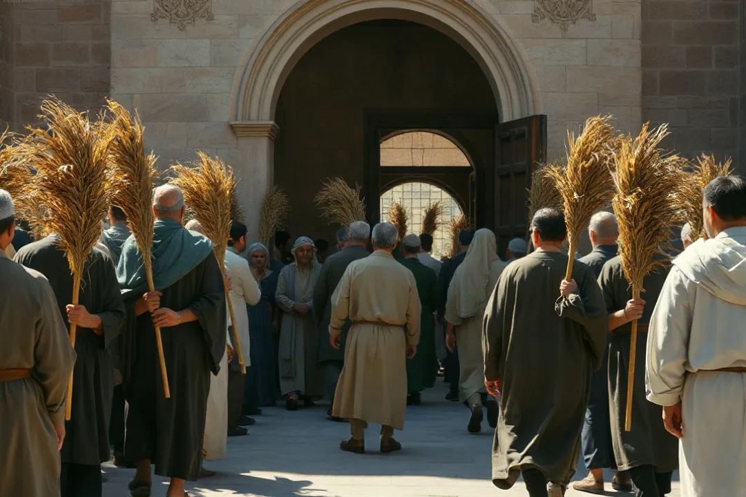 Congregation holding palm fronds during a Palm Sunday procession