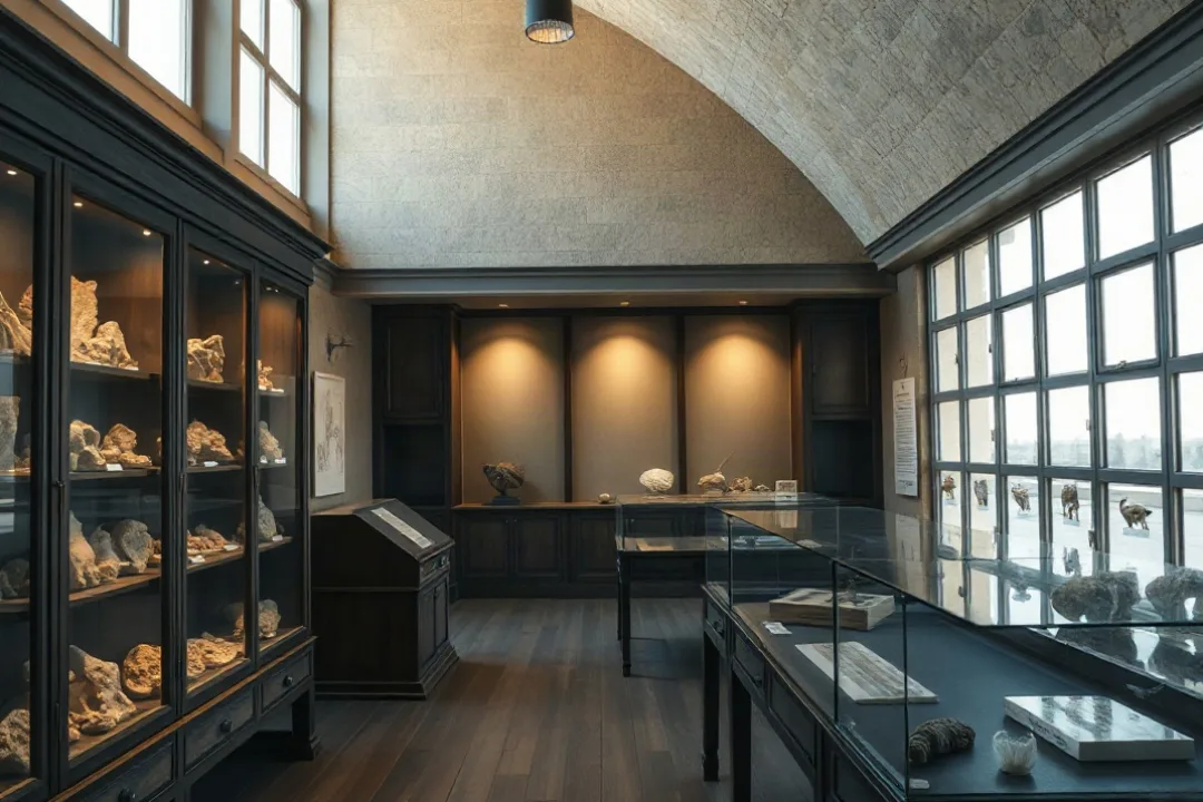 Museum hall with fossil specimens evoking early paleontological research