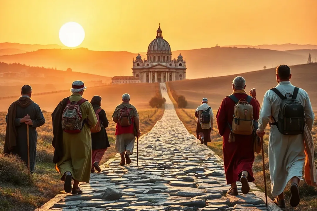 Pilgrims walking toward Rome on an ancient stone road at dawn
