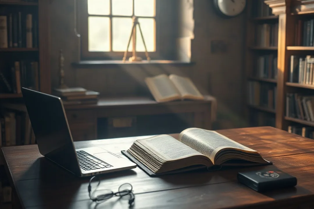 Old book and laptop together on a wooden desk in soft light