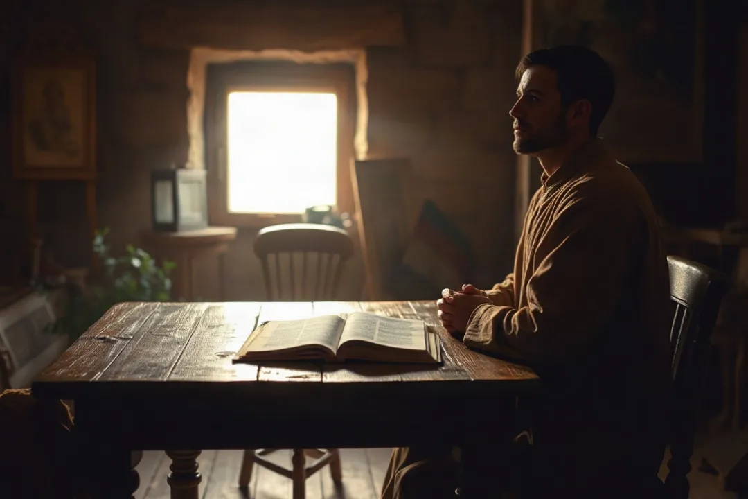 Person praying quietly at a table before a difficult day