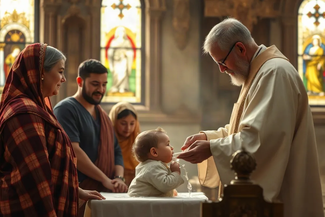 Priest pouring water over infant during Catholic baptism ceremony