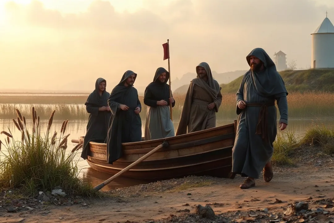 Monks landing on a misty English shore in early medieval times