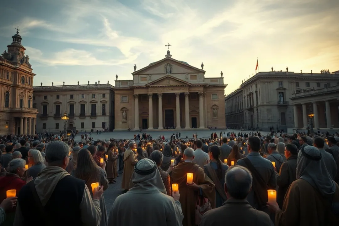 Crowd of pilgrims gathered before a basilica at dusk