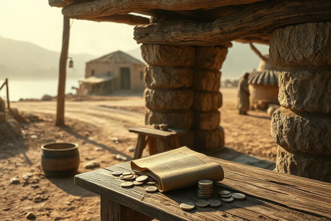 Ancient roadside tax booth with coins and ledger near a lake