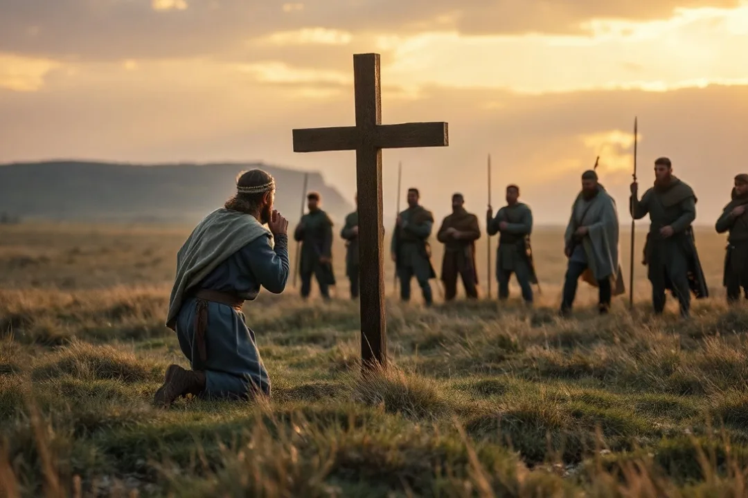 Anglo-Saxon king praying before a wooden cross at dawn