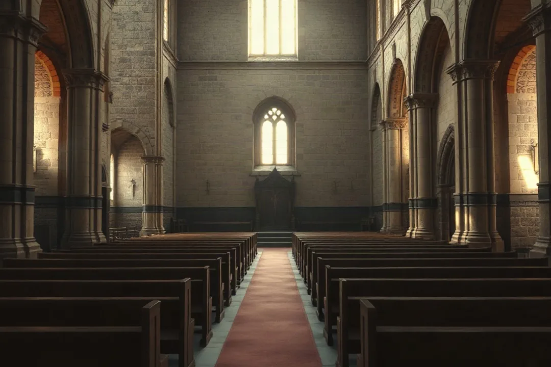 Sunlit interior of a medieval English cathedral with empty pews