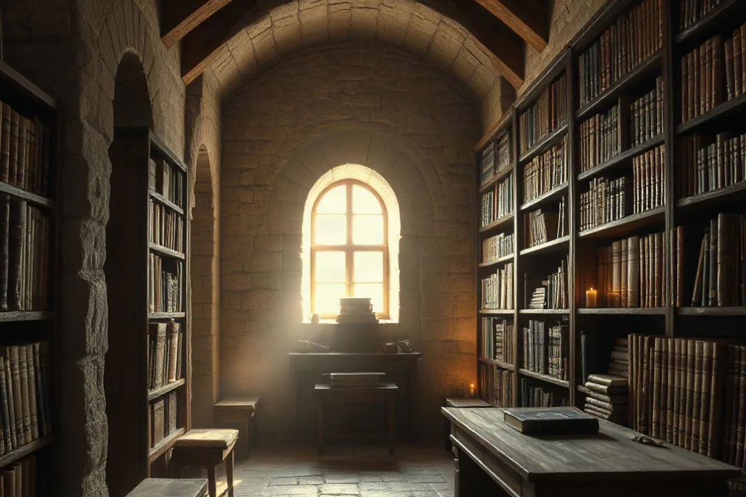 Medieval monastery library with candlelight and old manuscripts