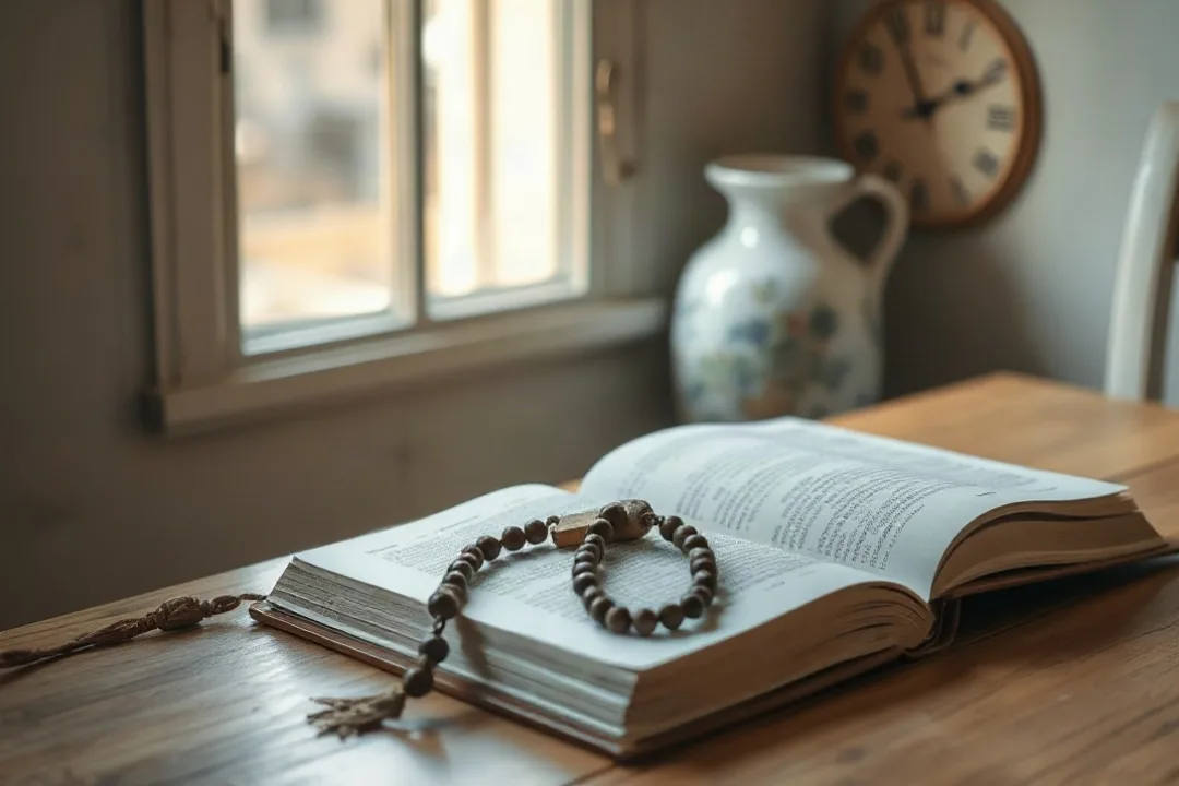 Wooden rosary beads resting on an open prayer book at home