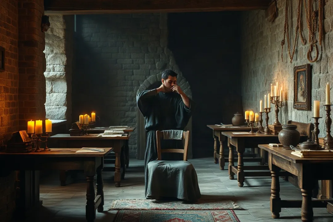 Medieval monastery scriptorium with parchment scrolls and candlelight