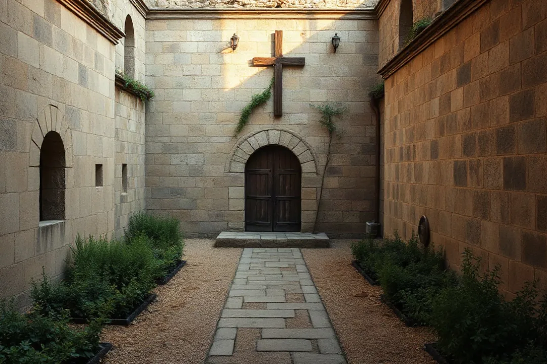 Stone monastery courtyard with cross and garden at sunrise