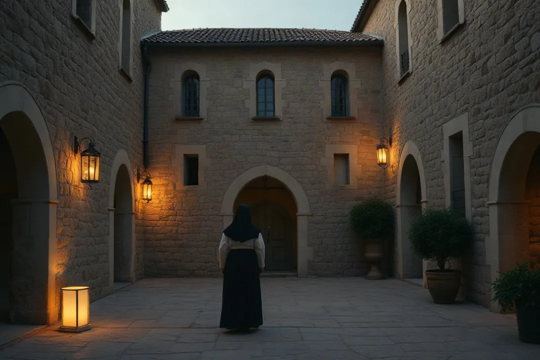Medieval friar walking through a quiet stone monastery courtyard at dusk