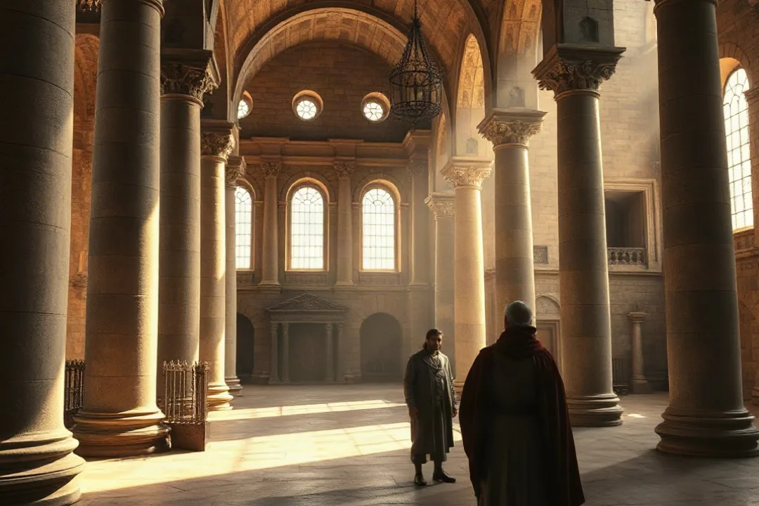 Medieval abbey interior with ornate royal shrine and arched stone columns