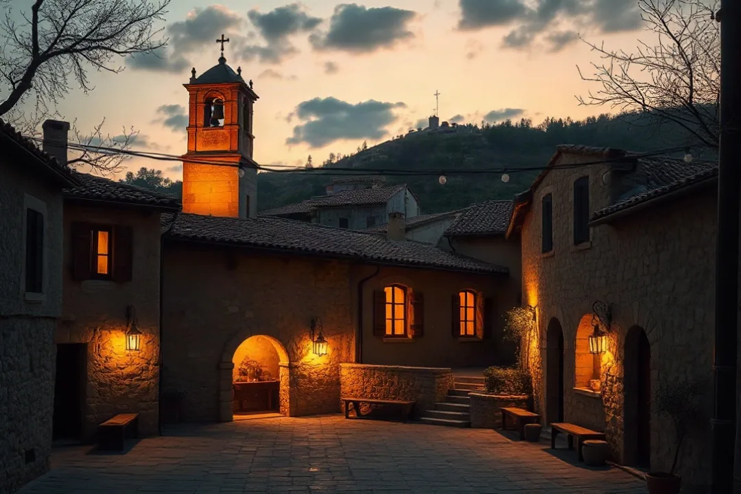 Historic Italian hill town at dusk resembling St. Gerard's birthplace